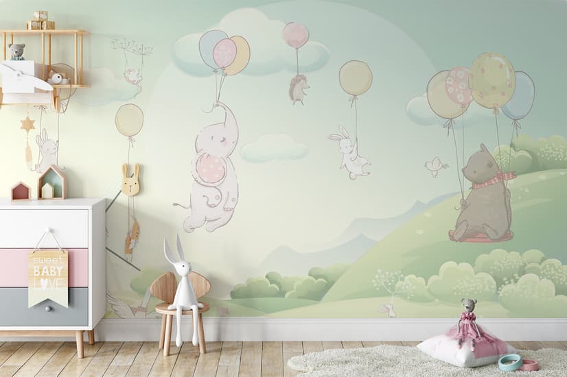 Animals Flying with Balloon Wallpaper Mural