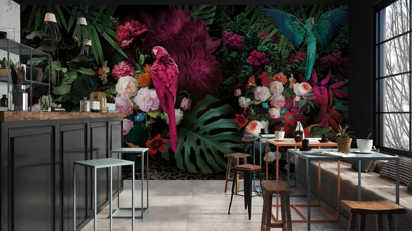 Pink Parrot with Colorful Floral Wallpaper Mural
