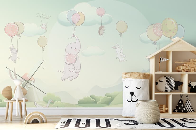 Animals Flying with Balloon Wallpaper Mural