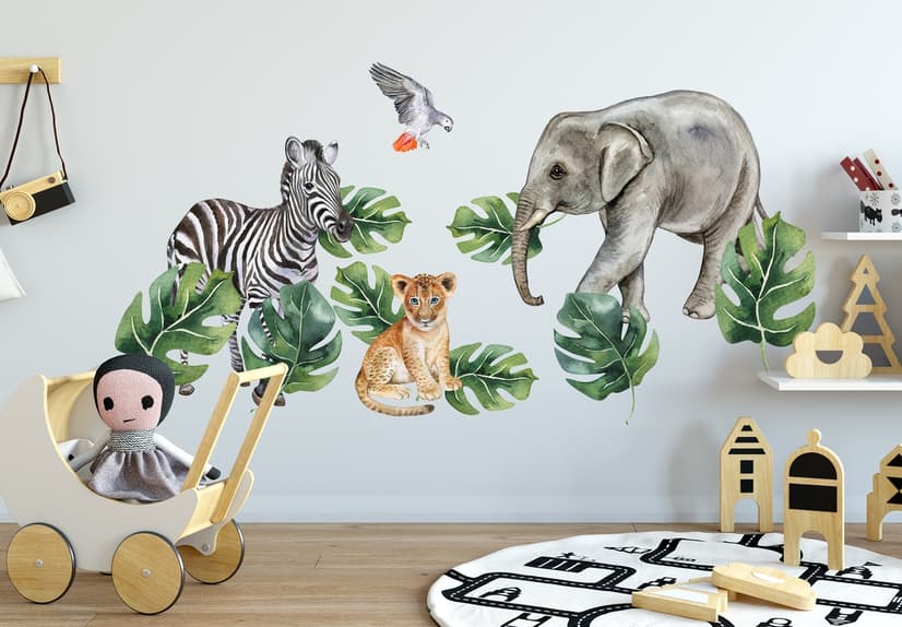 Kids Tropical Animals with Leafs Wall Decal Sticker