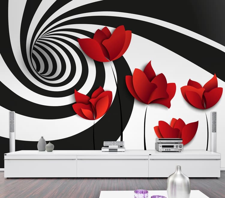 Red Poppy Floral with Abstract Fractal Wallpaper Mural