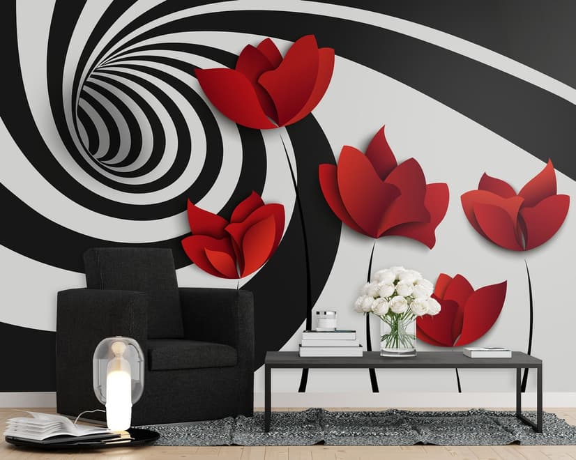 Red Poppy Floral with Abstract Fractal Wallpaper Mural