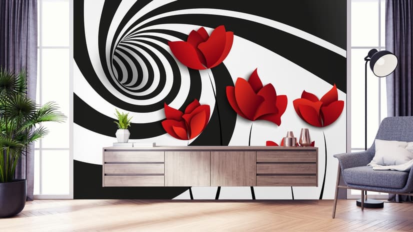 Red Poppy Floral with Abstract Fractal Wallpaper Mural