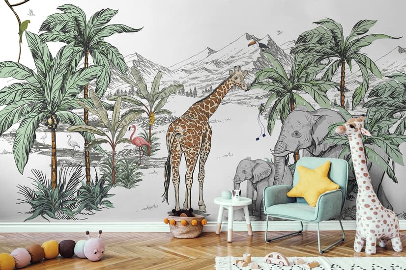 Fototapete "Tropische Tiere mit Bergmotiv für Kinderzimmer"