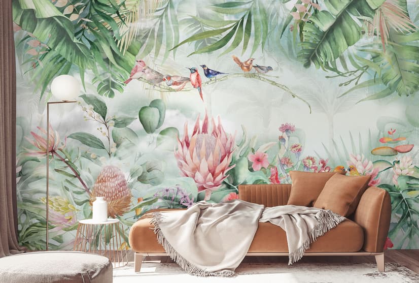 Colorful Tropical Exotic Cactus Floral with Little Birds Wallpaper Mural