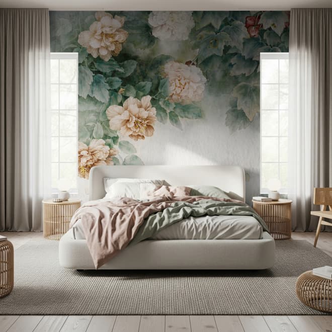 Vintage Floral and Green Leaf Wallpaper Mural