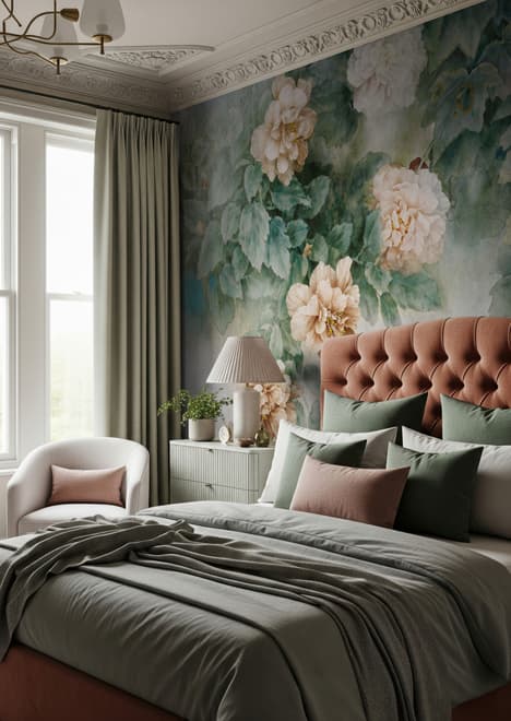 Vintage Floral and Green Leaf Wallpaper Mural