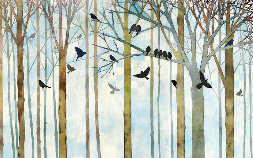 Vintage Abstract Forest and Black Bird Wallpaper Mural
