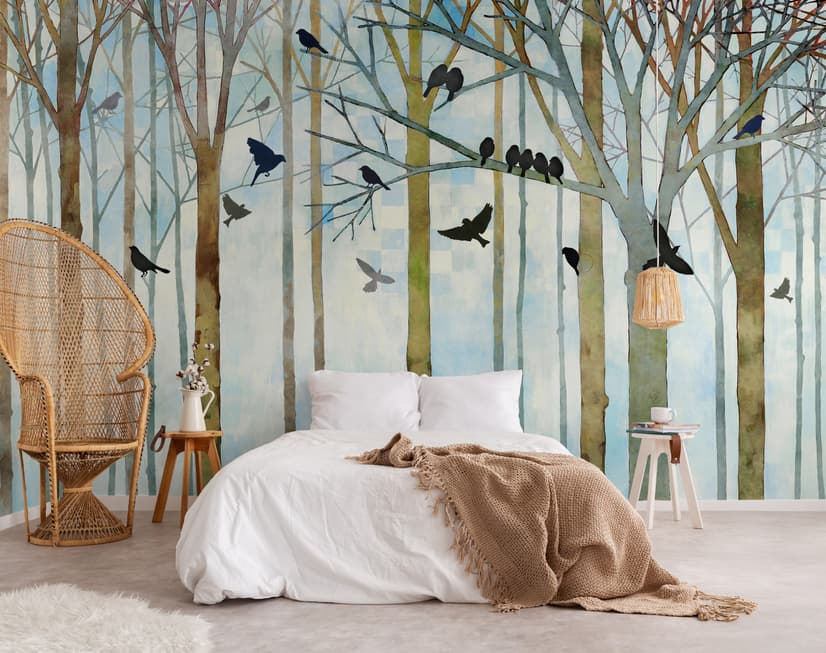 Vintage Abstract Forest and Black Bird Wallpaper Mural