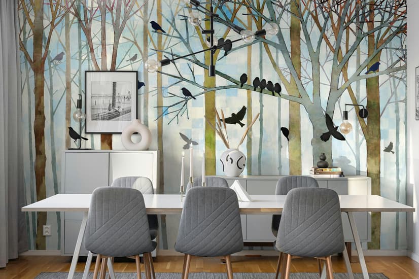 Vintage Abstract Forest and Black Bird Wallpaper Mural