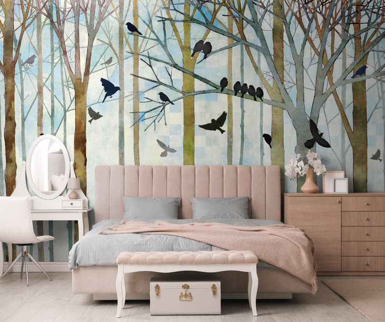 Vintage Abstract Forest and Black Bird Wallpaper Mural