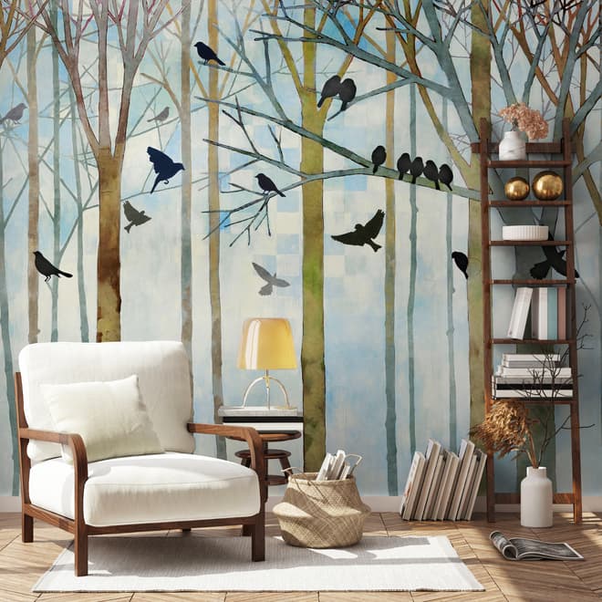 Vintage Abstract Forest and Black Bird Wallpaper Mural
