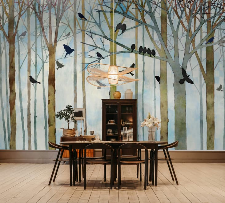 Vintage Abstract Forest and Black Bird Wallpaper Mural