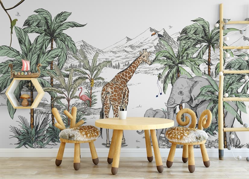 Fototapete "Tropische Tiere mit Bergmotiv für Kinderzimmer"