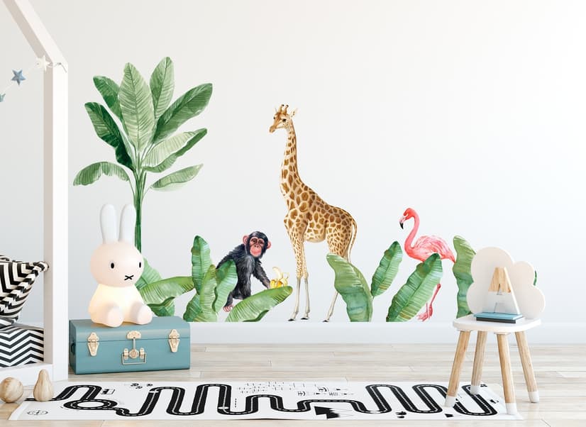 Kids Tropical Animals with Palm Leafs Wall Decal Sticker