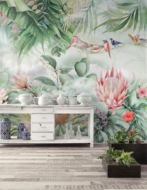 Colorful Tropical Exotic Cactus Floral with Little Birds Wallpaper Mural