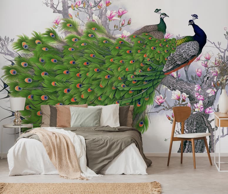 Papier peint panoramique paon élégant avec fleurs de cerisier