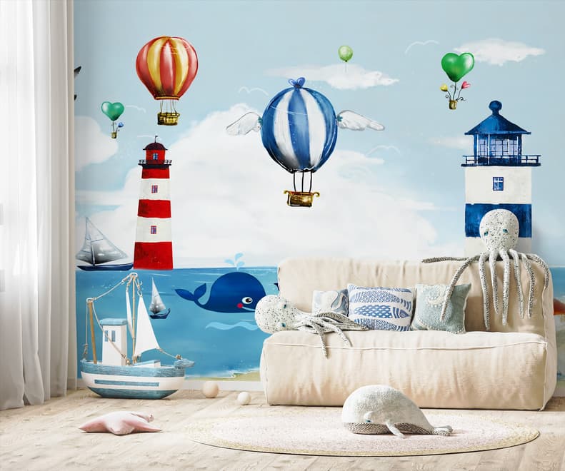 Watercolor Lighthouse with Hot Air Balloons Wallpaper Mural