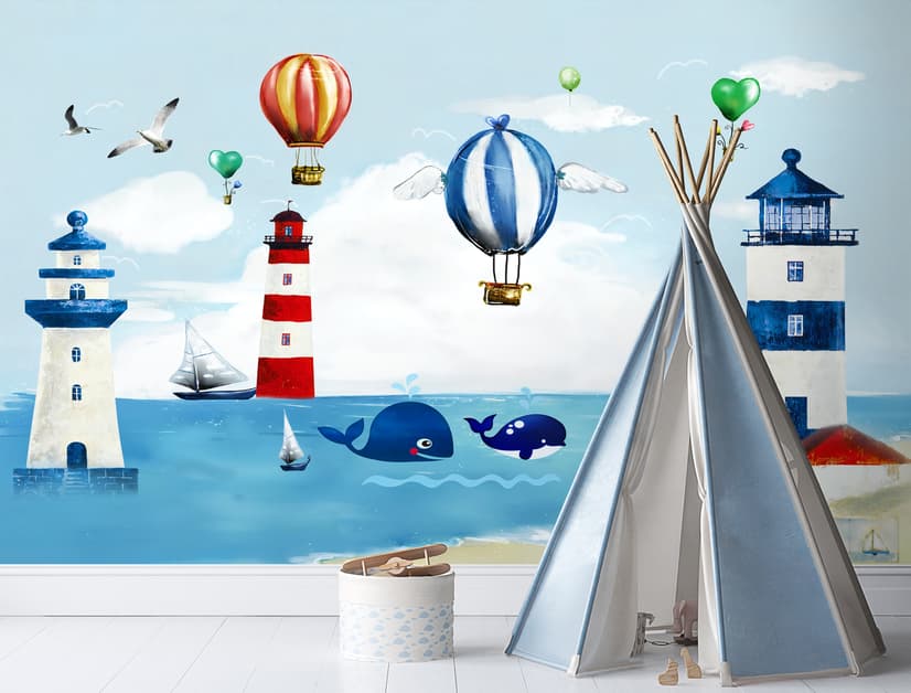 Watercolor Lighthouse with Hot Air Balloons Wallpaper Mural