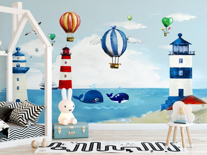 Papier peint Phare en aquarelle avec des montgolfières