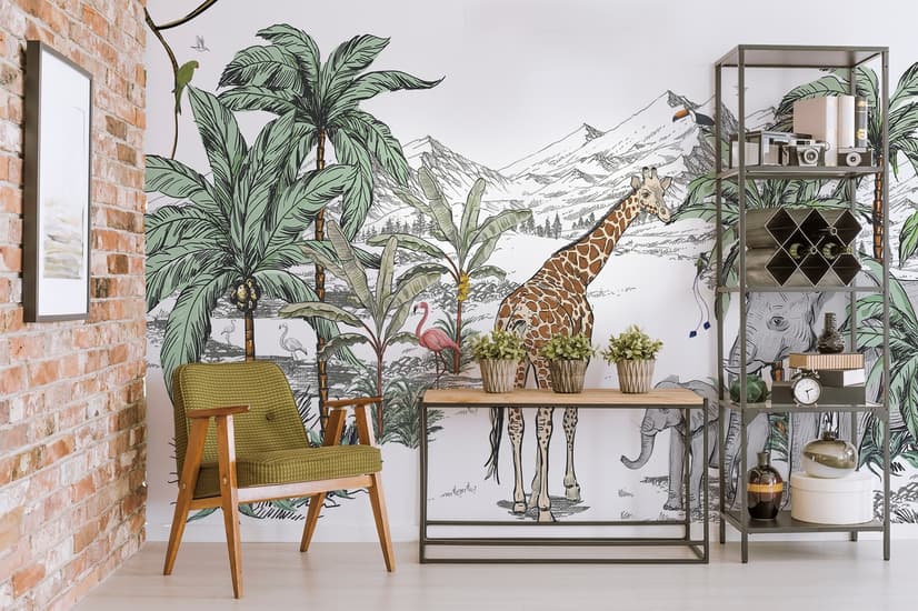 Fototapete "Tropische Tiere mit Bergmotiv für Kinderzimmer"