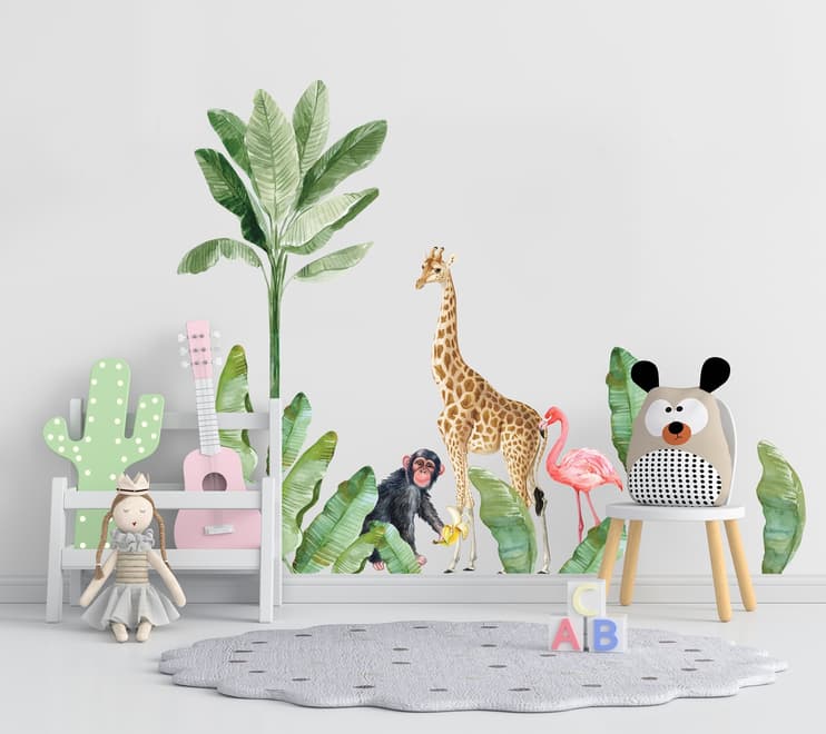 Kids Tropical Animals with Palm Leafs Wall Decal Sticker