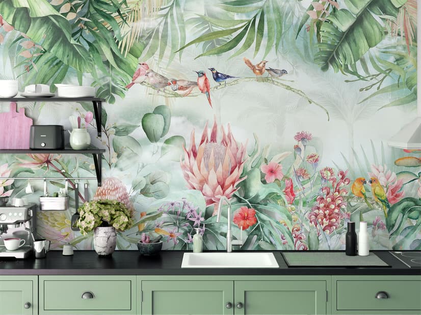 Bunte Tropische Exotische Kaktusblumen mit Kleinen Vögeln Fototapete