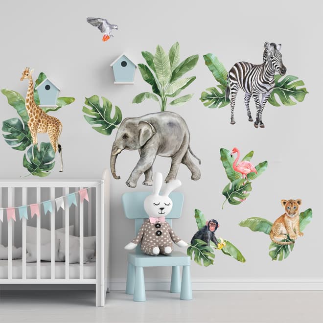 Kids Tropical Safari Animals Set Wall Decal Sticker
