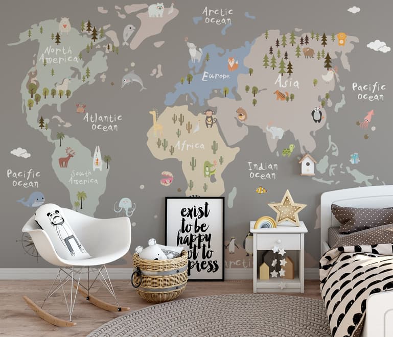 Kids Colorful World Map with Animals Wallpaper Mural