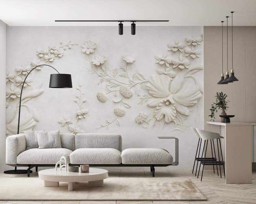 3D Embossed Look Cement Lily Flower Wallpaper Mural