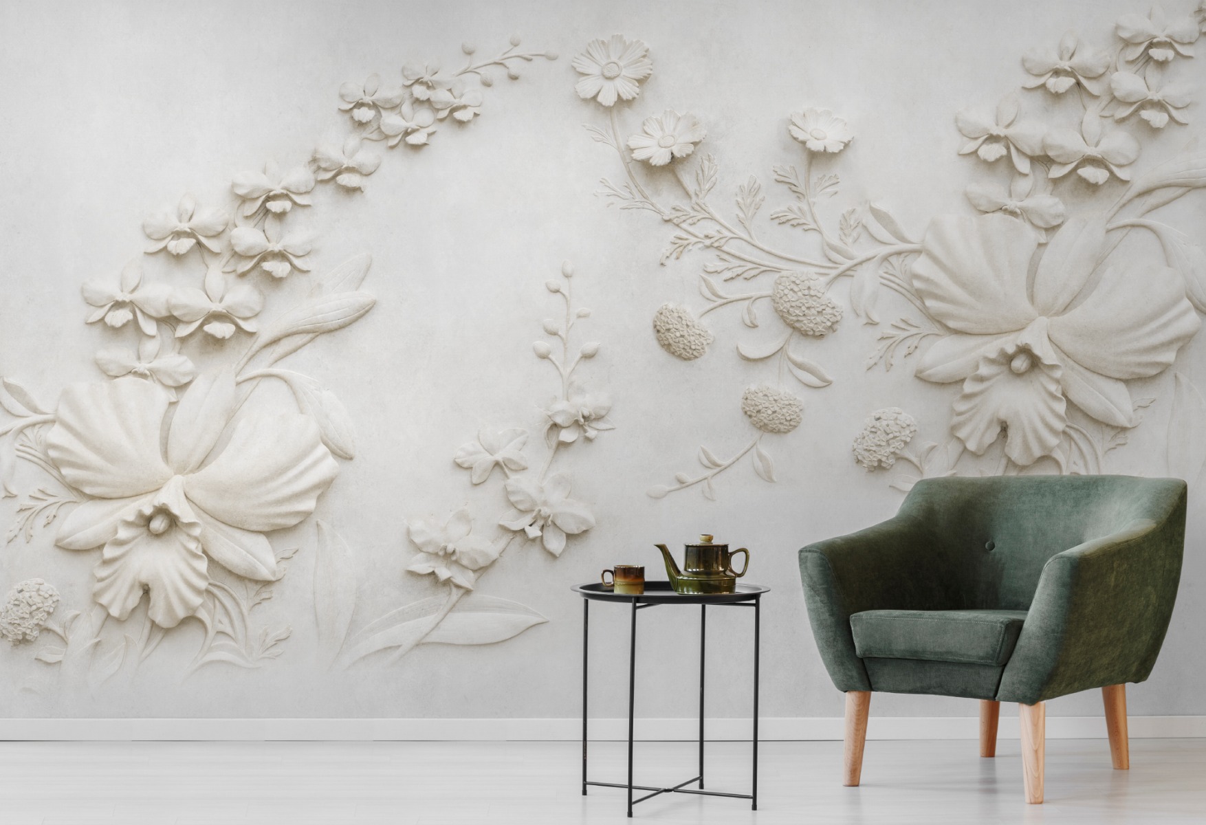 3D Embossed Look Cement Lily Flower Wallpaper Mural