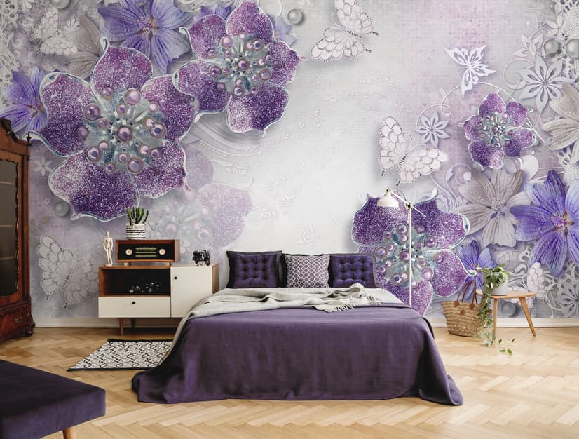 Purple Ornament Floral with Little Butterfly Wallpaper Mural