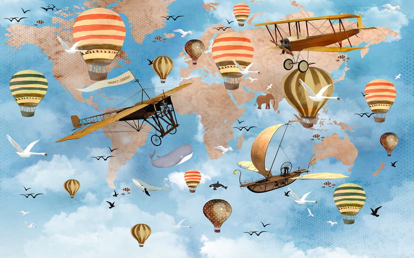 Papier peint panoramique carte du monde enfants 3D avec montgolfières