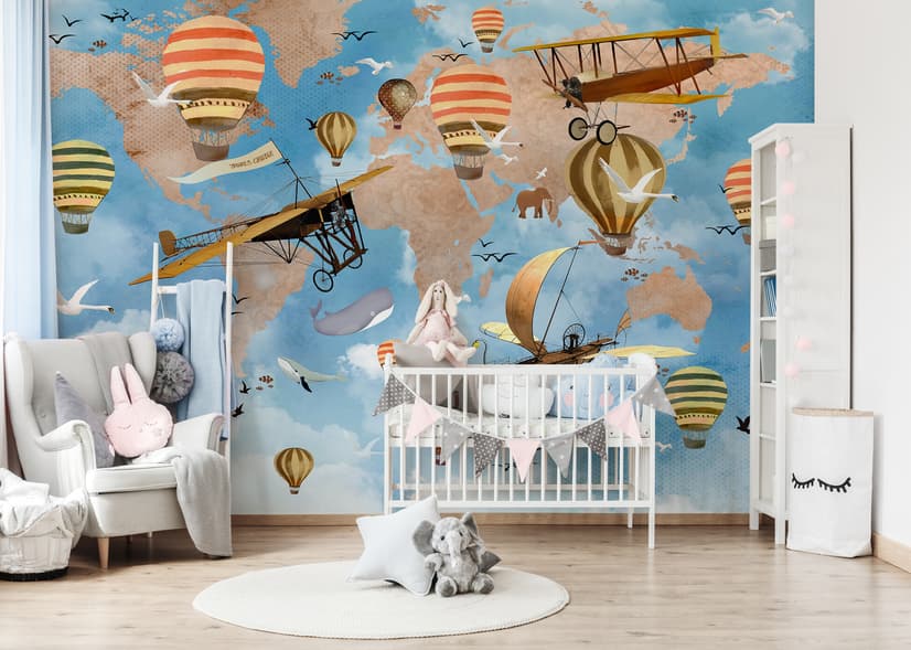 Papier peint panoramique carte du monde enfants 3D avec montgolfières