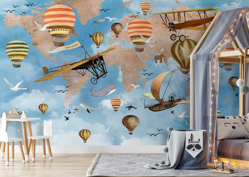 Papier peint panoramique carte du monde enfants 3D avec montgolfières