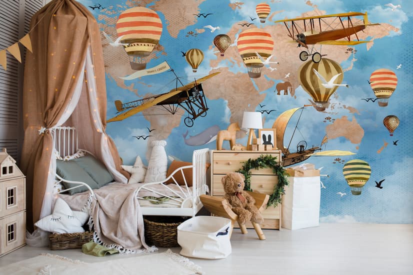 Papier peint panoramique carte du monde enfants 3D avec montgolfières