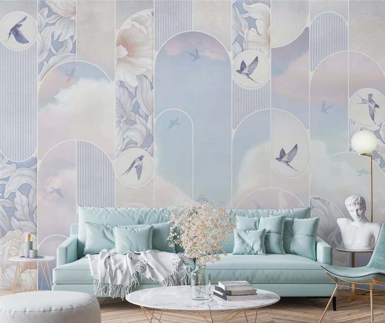 Papier peint panoramique turquoise floral blanc marguerite