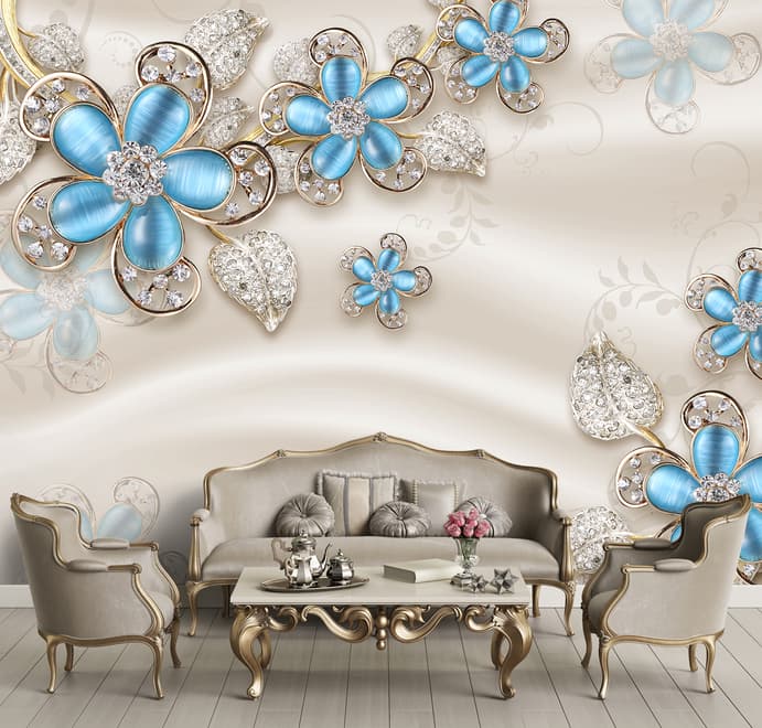 Blue Floral with Jewellery Leaf Wallpaper Mural