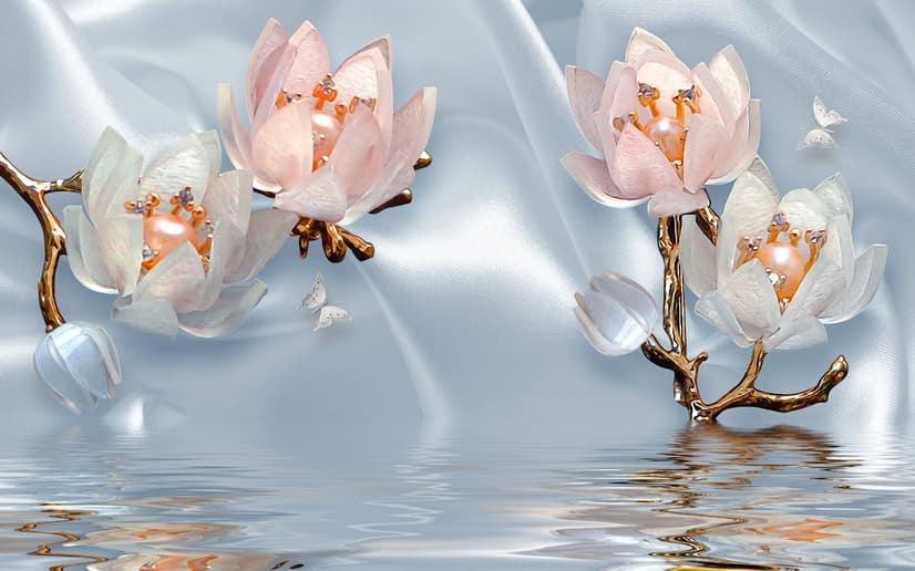 Pearl Lotus Flower and Little Butterfly Wallpaper Mural