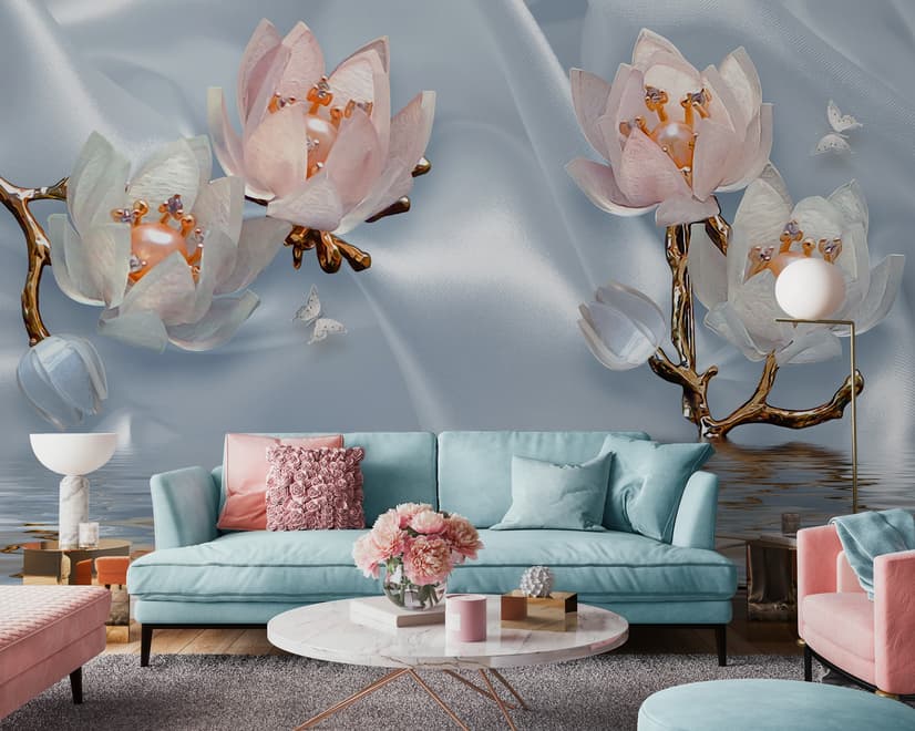 Pearl Lotus Flower and Little Butterfly Wallpaper Mural