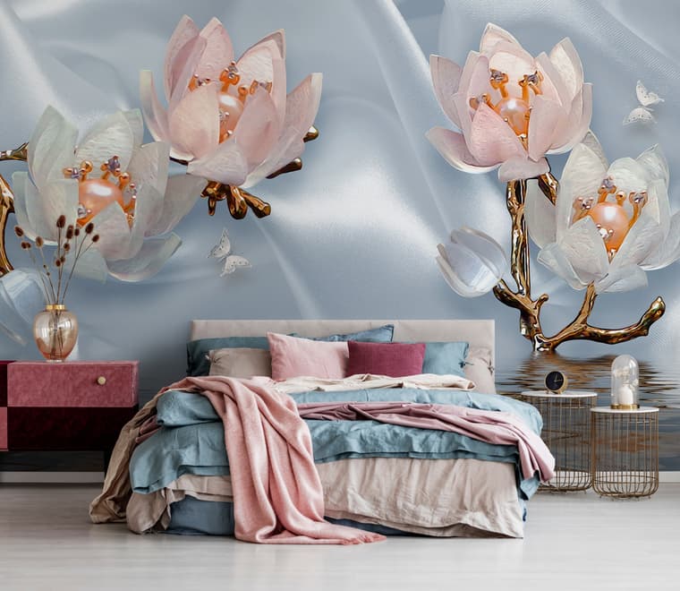 Pearl Lotus Flower and Little Butterfly Wallpaper Mural