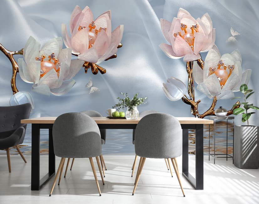 Pearl Lotus Flower and Little Butterfly Wallpaper Mural