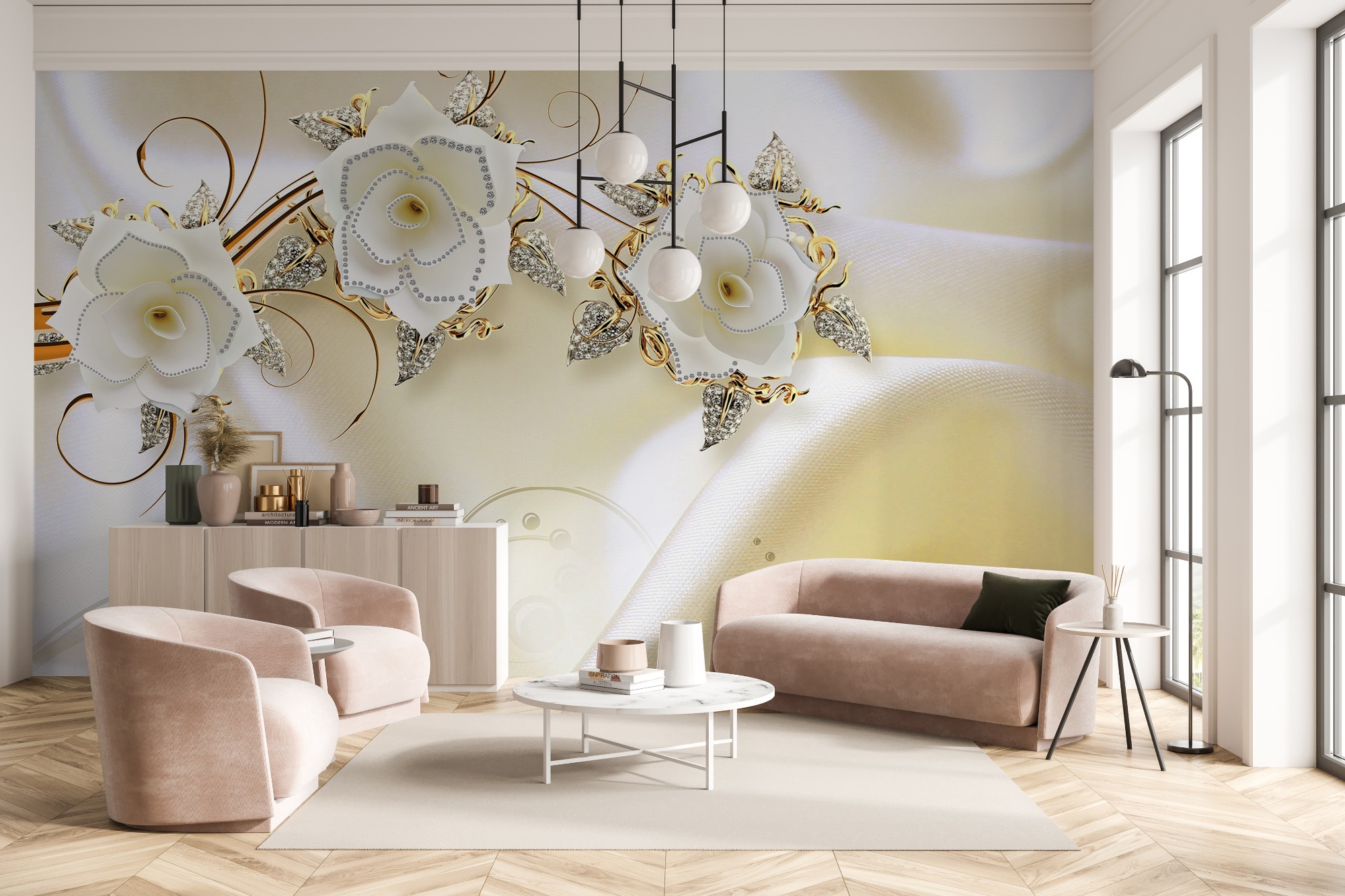 Jewelry Floral with Faux Silk Fabric Wallpaper Mural