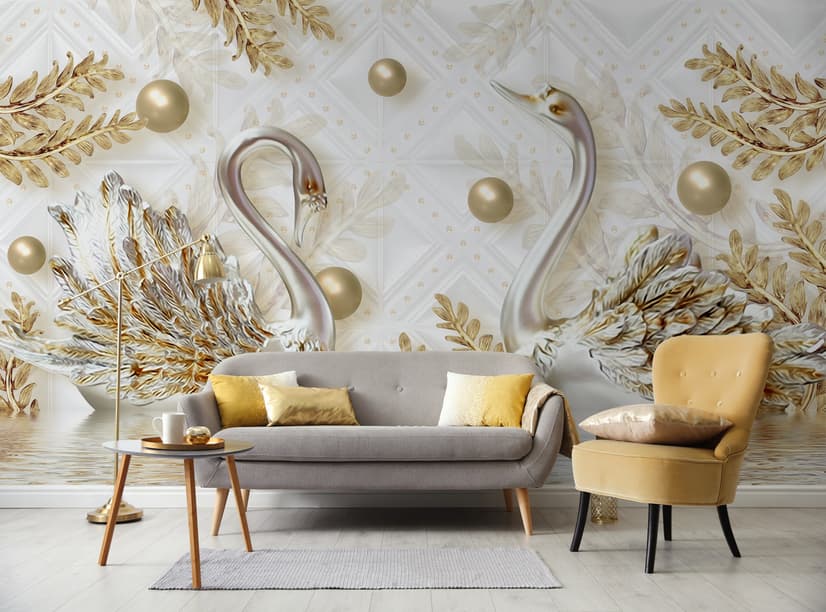 Papier peint panoramique en 3D avec cygne et feuilles d'eau