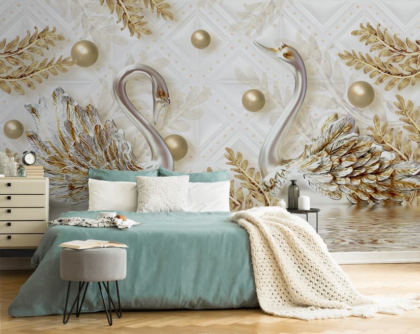 Papier peint panoramique en 3D avec cygne et feuilles d'eau