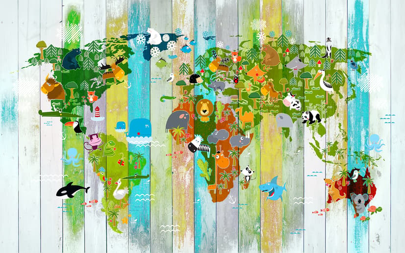 Kids World Map on the Colorful Wood Wallpaper Mural