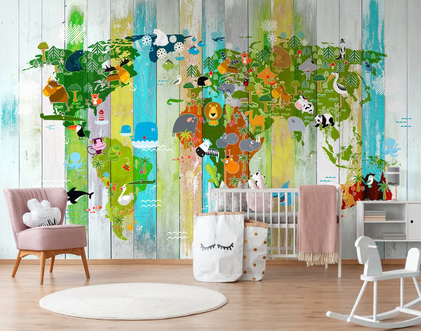Kids World Map on the Colorful Wood Wallpaper Mural