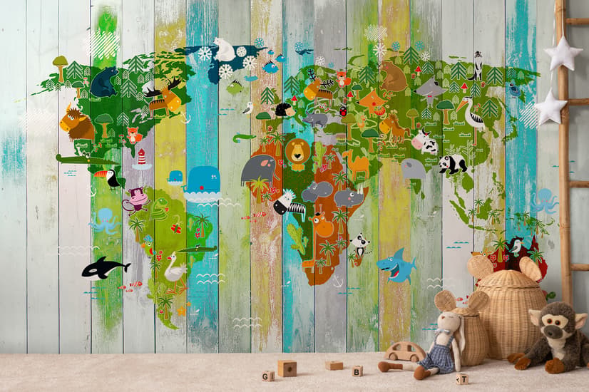Kids World Map on the Colorful Wood Wallpaper Mural