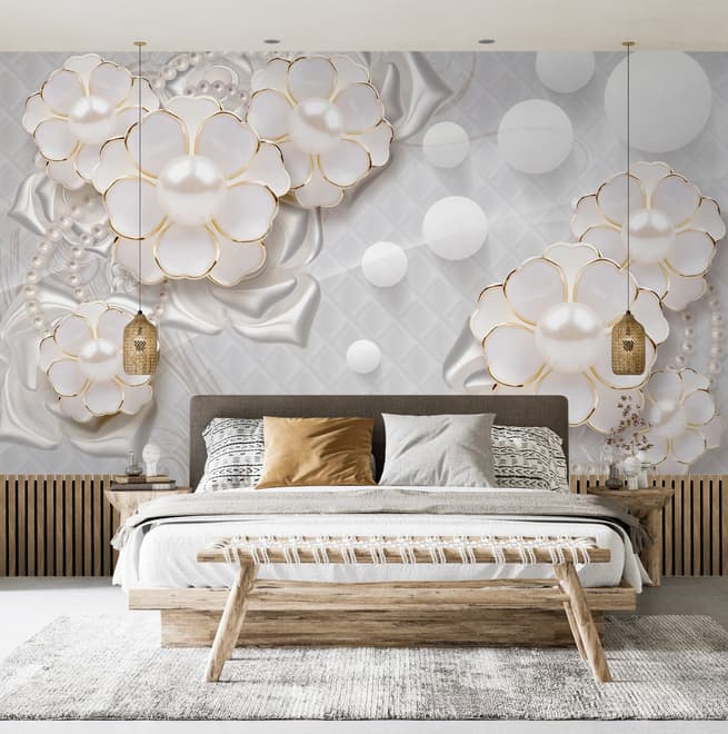 3D Look White Pearl Flower Wallpaper Mural