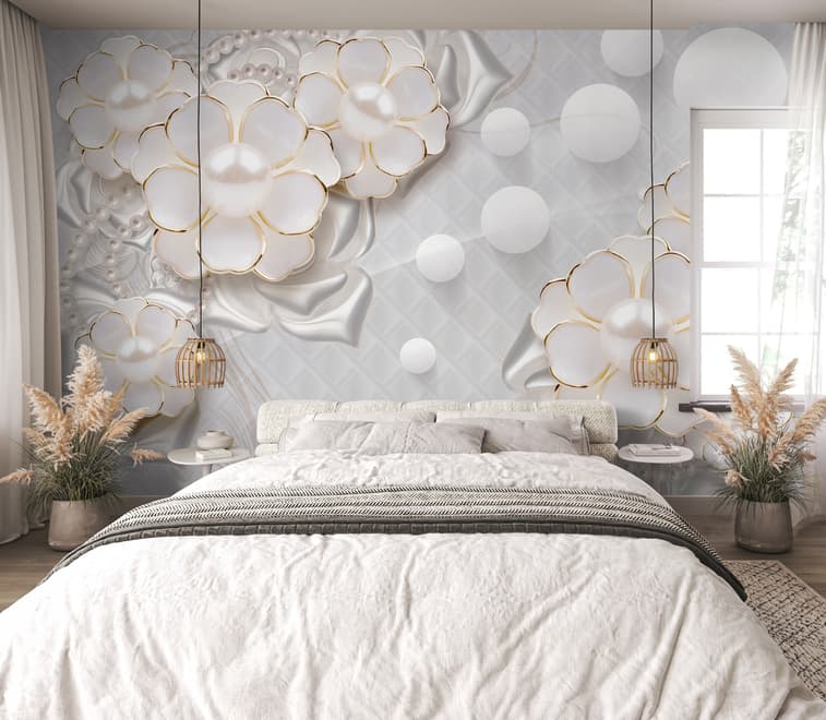 3D Look White Pearl Flower Wallpaper Mural